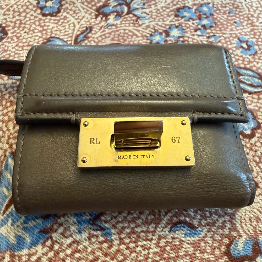 Warm Taupe Genuine Leather Ralph Lauren Tri-Fold Wallet with Gold Closure - Picture 4 of 6